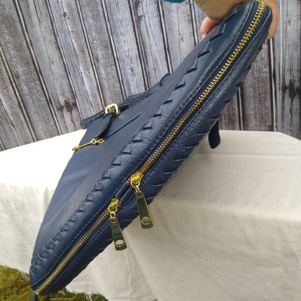 Leather Messenger Tote Bag Expandable Convertible Bag Navy Blue - Picture 5 of 16
